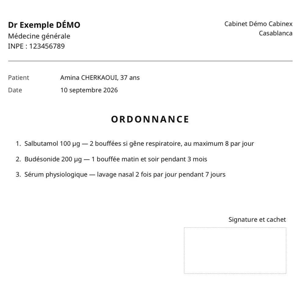 Ordonnance imprimable produite par Cabinex : en-tête du praticien avec son N° INPE, nom du patient, lignes de prescription numérotées et emplacement de la signature